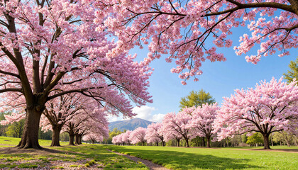 Fototapeta premium Cherry blossom trees in full bloom against a clear blue sky