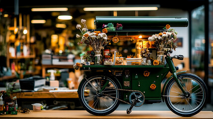 Fototapeta premium Green bicycle cart with flowers and goods.