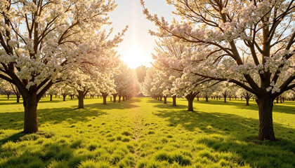 Naklejka premium Blossoming cherry trees in sunny grassy park