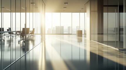 A sleek modern office space with glass walls, minimalistic furniture, and natural sunlight streaming through large windows, creating soft reflections on the polished floors.