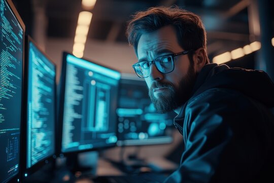 Programmer focused on coding in a dark office with multiple computer screens