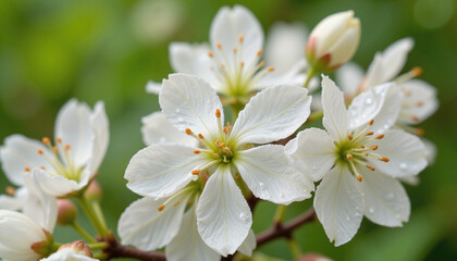 Fototapeta premium White flowering plant with dew on green background