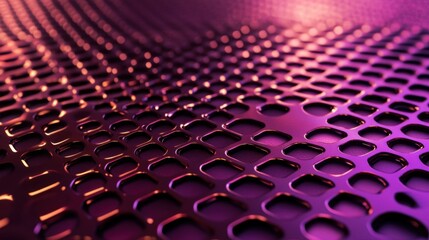 Obraz premium Close-up view of a metallic mesh with a repeating pattern of square holes, illuminated by vibrant purple and orange light, creating a dramatic and abstract composition