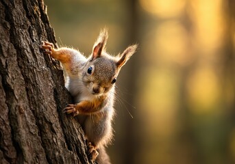 Curious squirrel climbing a tree at sunset in a forest setting