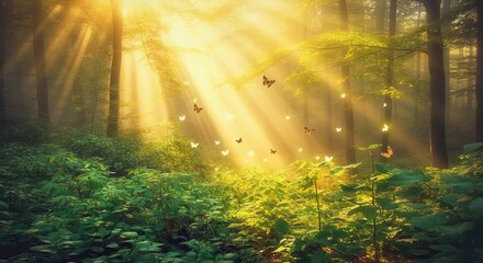 Enchanting forest scene with sunbeams and butterflies in lush greenery