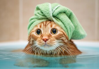 Cute wet ginger cat with green towel turban in bathtub