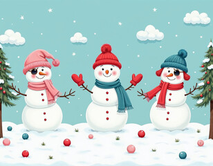 Obraz premium Group of Decorated Snowmen in a Snowy Park Under a Bright Blue Sky