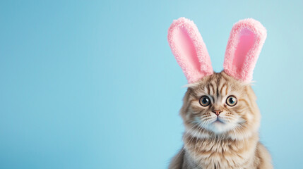Fototapeta premium Fluffy British Shorthair Cat with Bunny Ears in Pastel Setting