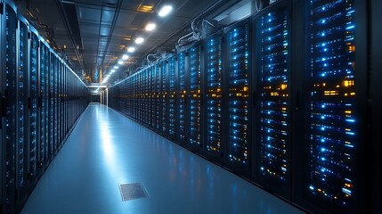 Server room with rows of lit servers. (2)