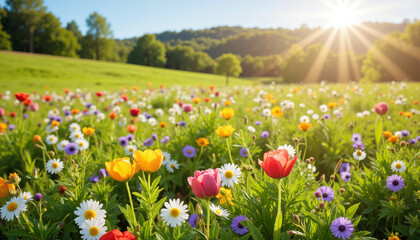 Obraz premium Colorful flower field under bright sunlight