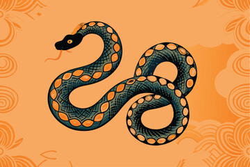 Obraz premium A stylized snake with scales resembling Chinese brocade, coiled on an orange background.