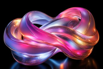 Obraz premium Abstract 3D rendering of iridescent, intertwined shapes, glowing with vibrant pink, purple, and gold hues.