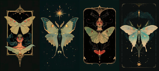 set of illustrations of tarot cards, the theme of isoterics and fortune telling	
