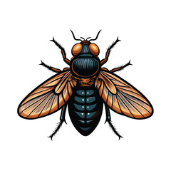 Generate a detailed vector illustration of a housefly, showcasing its anatomy and the structure of its wings.