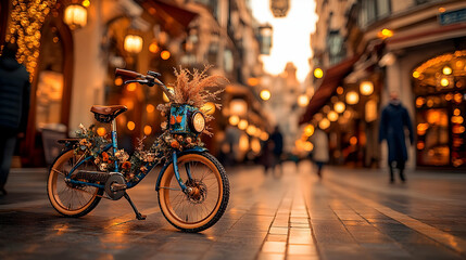 Decorated bicycle on city street at sunset.