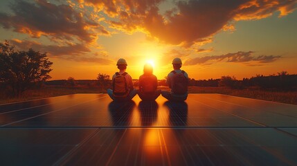 Engineers Sunset Solar Panel Field Teamwork Success
