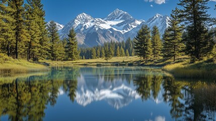 A tranquil mountain lake surrounded by pine trees, the mirror-like water perfectly reflecting the snow-capped peaks in the background under a clear blue sky.