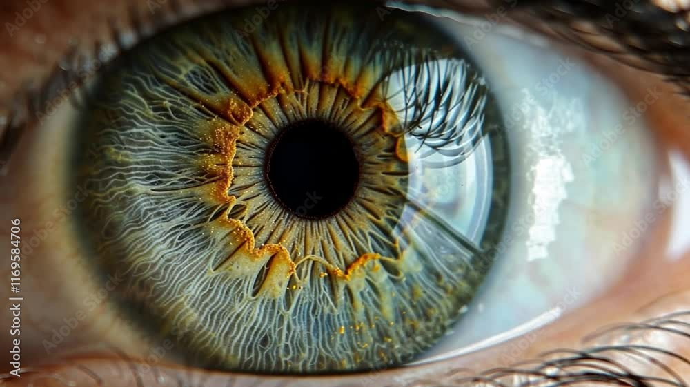 Poster The close-up view reveals a stunning human eye with remarkable colors and intricate patterns, blending nature with advanced technology. The eye captivates with unique textures.