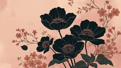 Elegant Dark Blooms Pink Background Botanical Floral Art
