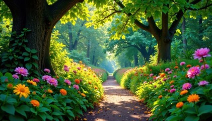 Overgrown path, vibrant flora, dappled sunlight, light, tourism, wild