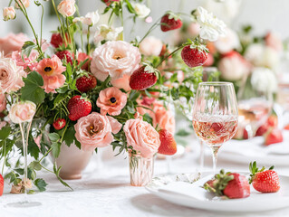 party decor featuring aesthetics, curvy candlesticks, and strawberry-themed centerpiec