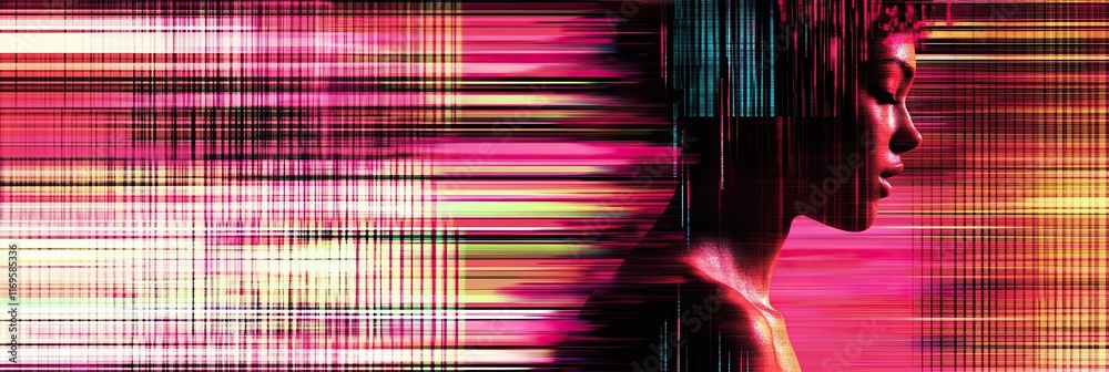 Poster exploring the fusion of human form and glitch technology in a vibrant spectrum