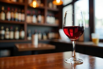 Single glass of red wine sits on wooden bar, wine shop setting, table, shop, rich