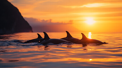 A group of pilot whales resting on calm seas, with a tropical island as the background, during a vibrant sunrise