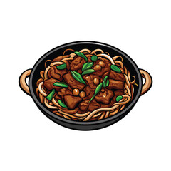 Detailed vector illustration of a wok filled with stir-fried beef, noodles, and green vegetables.