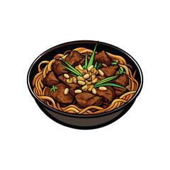 Detailed vector illustration of a wok filled with stir-fried beef, noodles, pine nuts, and green onions.