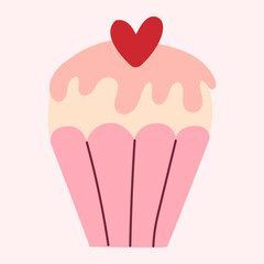 Saint Valentines day cupcake with heart. Hand-drawn Illustration. cute love sticker for collages, posters and cards.