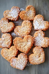 Freshly baked heart-shaped cookies with powdered sugar arranged on rustic wooden surface, perfect for celebrations or special occasions