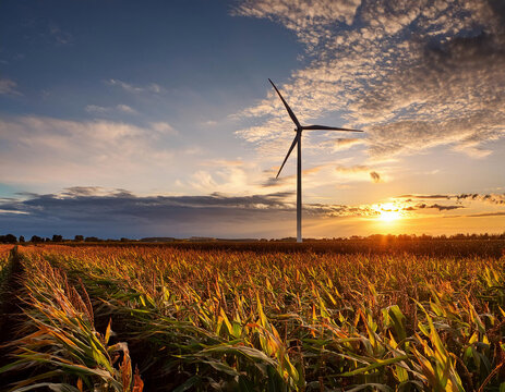 A wind turbine stands tall among a lush corn field during a dramatic sunset with scattered clouds in the sky.