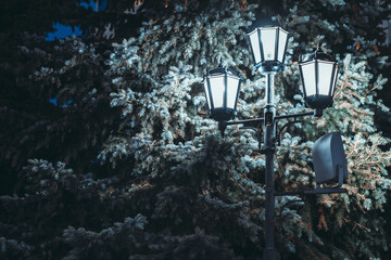 Street lamp on background winter forest. Vintage photo.