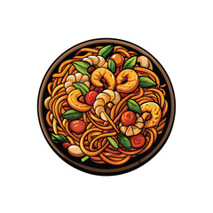 Generate a detailed vector illustration of a bowl of stir-fried noodles with shrimp, vegetables, and sauce.