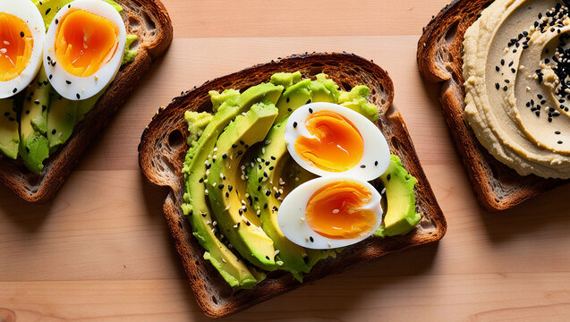 Close-up of delicious avocado toast topped with soft-boiled egg halves and sprinkled with black sesame seeds, served on rustic bread.