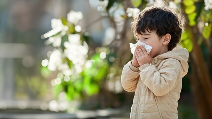 A young boy sneezing into a handkerchief while standing outdoors,surrounded by greenery, symbolizing allergies or seasonal illness.