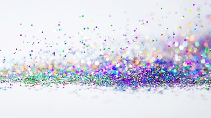 Fototapeta premium White surface, confetti sprinkles scattered, blue sky background