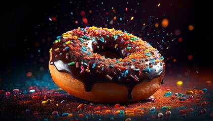 delicioso e brilhante donut com cobertura de chocolate e granulados coloridos - Generated image