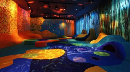 Colorful room, abstract murals, molded seating.