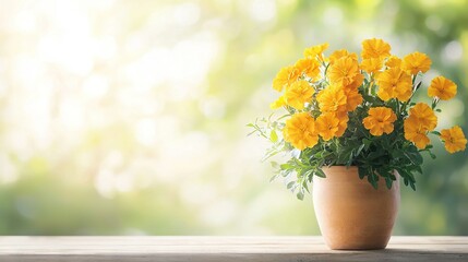   Yellow flowers filling a vase on top of a wooden table against a green leafy backdrop