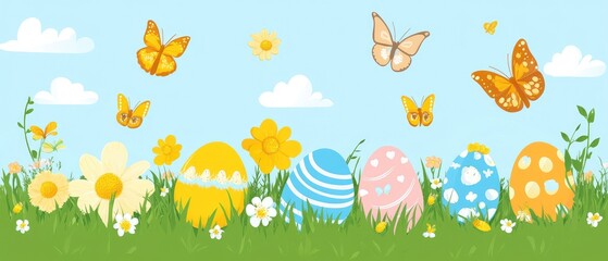 Obraz premium Colorful Easter Eggs and Butterflies in a Sunny Spring Meadow
