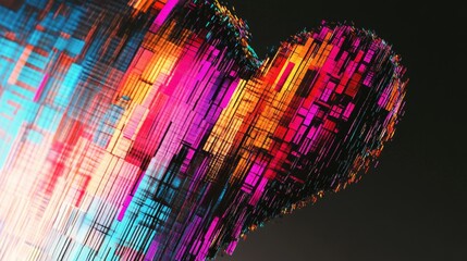 Obraz premium Heart-shaped glitch design featuring vibrant digital stripes in a colorful array