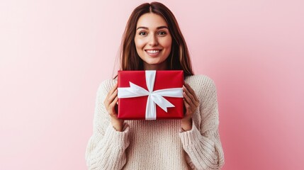 Fototapeta premium A young woman of unspecified ethnicity smiling and holding a red gift box with white ribbon in front of a pink background. Bright and cheerful ambiance.