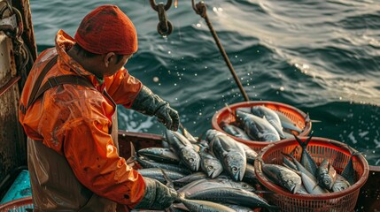Fototapeta premium Fishermen Harvesting Tuna on the Ocean. Generative ai