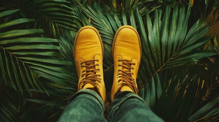 Yellow Boots on Lush Green Leaves: Exploring Nature and Adventure in Style