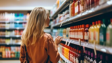 Shopper Selecting Beverages in a Grocery Store Aisle. Generative ai