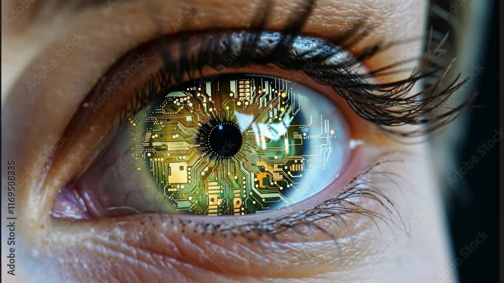 Aufkleber An intricate close-up reveals an eye with a mesmerizing circuit pattern inside, symbolizing the fusion of human perception and advanced technology.