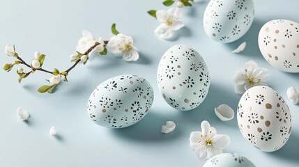 Hand Painted Easter Eggs on Pastel Blue Surface