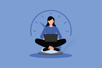 A person sitting cross-legged with a laptop in front of a large clock face.
